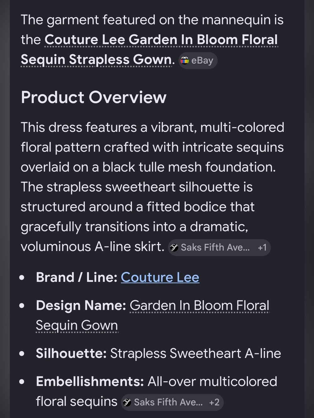COUTURE LEE Strapless Garden In Bloom Floral Sequin Midi Black/Multi Sz 12 #3701 - Picture 13 of 16